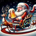 DALL·E 2023-12-24 10.08.10 - A whimsical and playful image of a beer-drinking, slightly tipsy Santa Claus driving his reindeer sleigh in a zigzag pattern. Santa is shown holding a.png